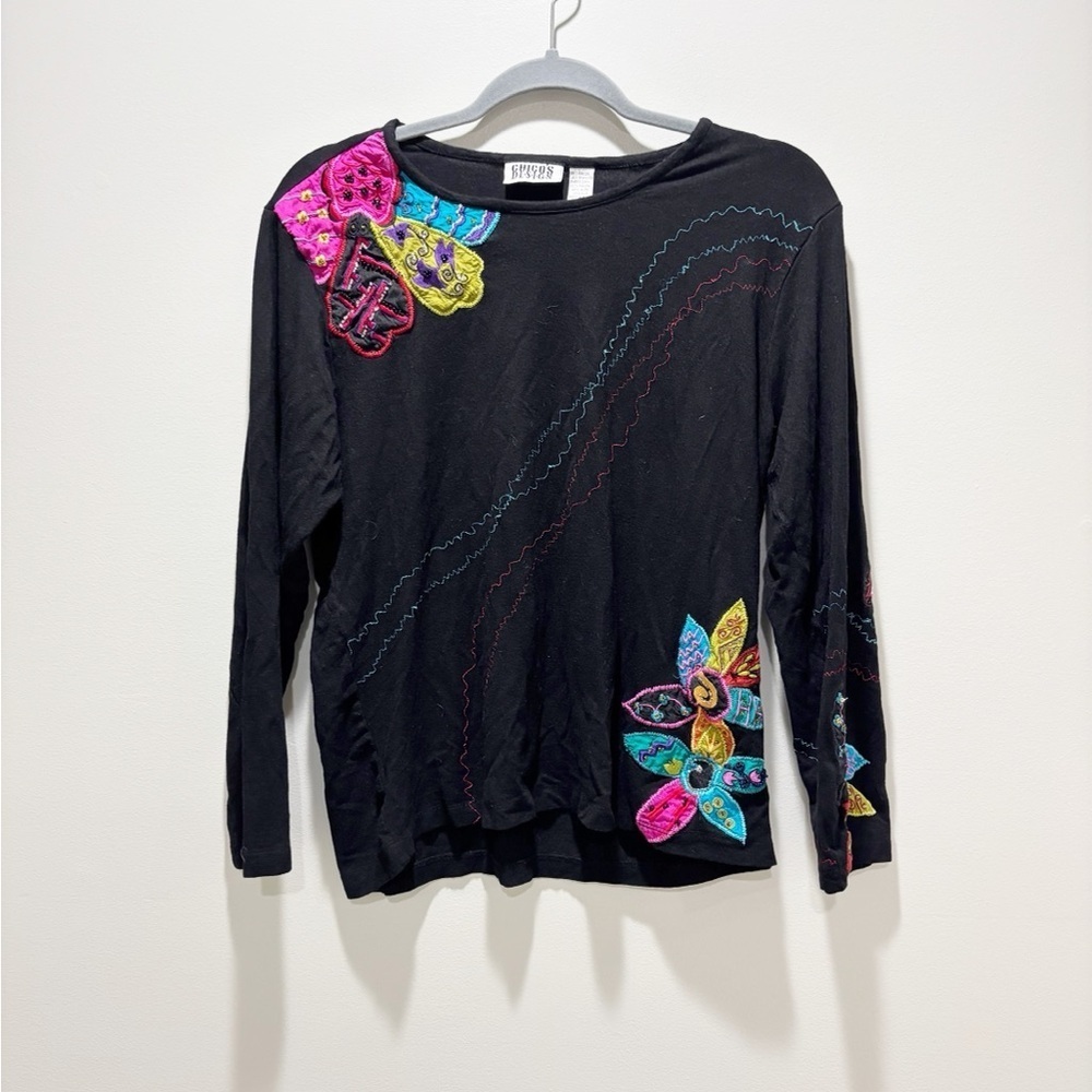 CHICOS DESIGN • Women’s Art To Wear Black Colorful Floral Embroidered Beaded Top